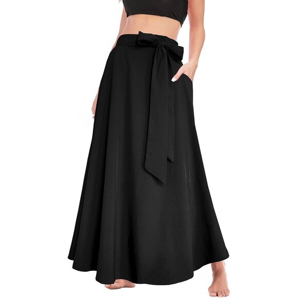 Chic Plus Size High Waist A-Line Maxi Skirt with Functional Pockets & Tie Front - Picture 2 of 5